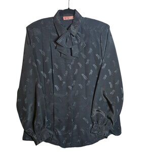 Vintage Worthington Black Floral Blouse With Ruffled Tie Neck & Button Cuffs  Si